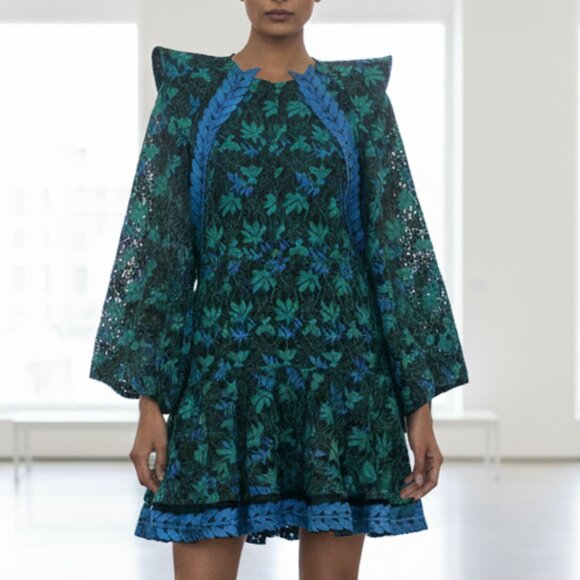 Bibhu Mohapatra purple label Floral Leaf Applique Lace Dress Green/Blue Size 6 - Picture 2 of 10